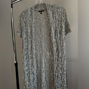 EILEEN FISHER Rustic Luster Long Open Crochet Linen Blend Cardigan Vapor Grey SM